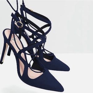 Zara Blue Suede Pointy Toe Laced Heels 38